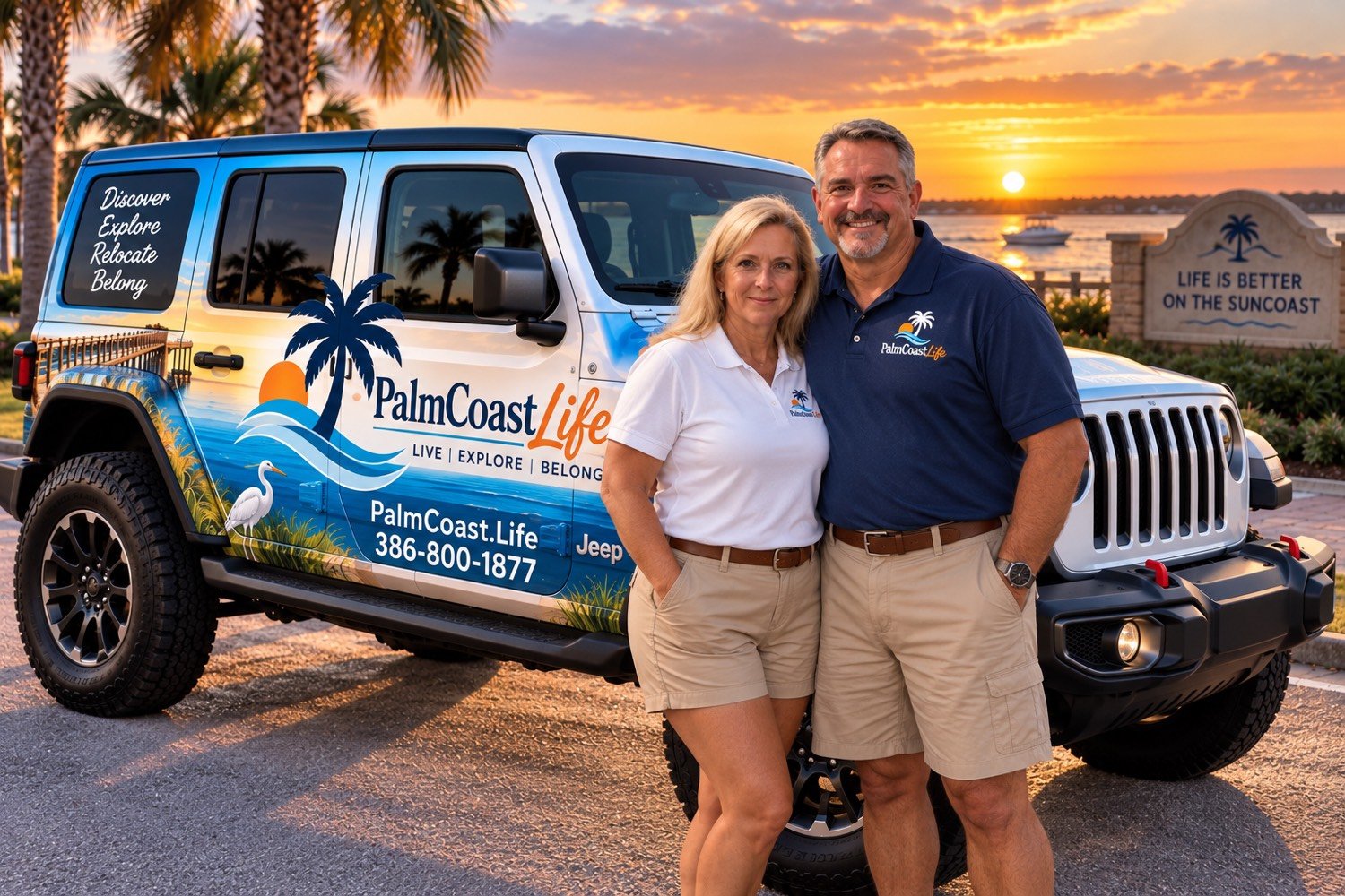 Mack and Glenda McCarty standing in front of the PalmCoast.Life Jeep wrap at sunset