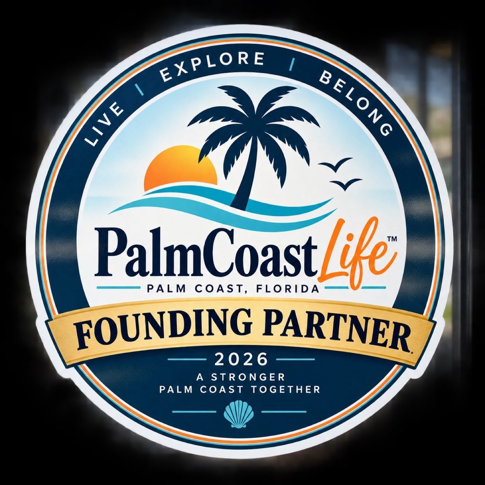 PalmCoast.Life Founding Partner window cling on glass