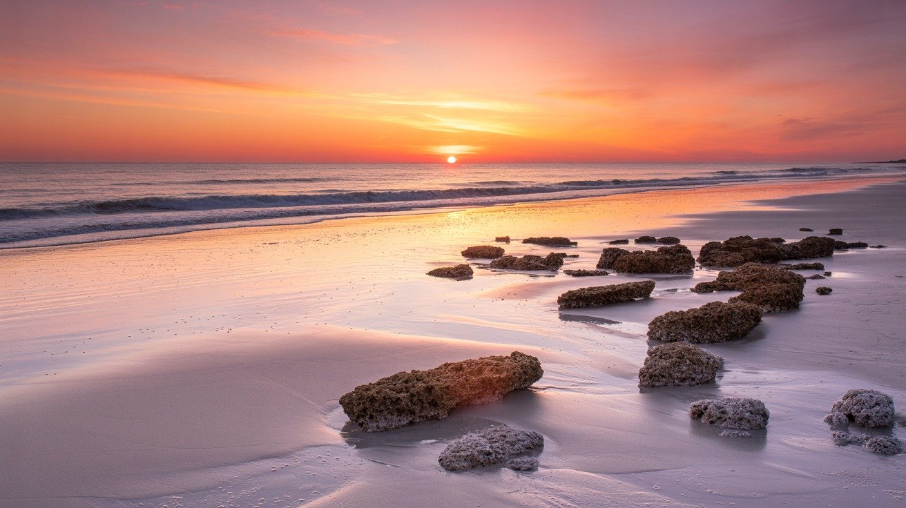 Sunset over Flagler Beach with coquina rocks on the sand