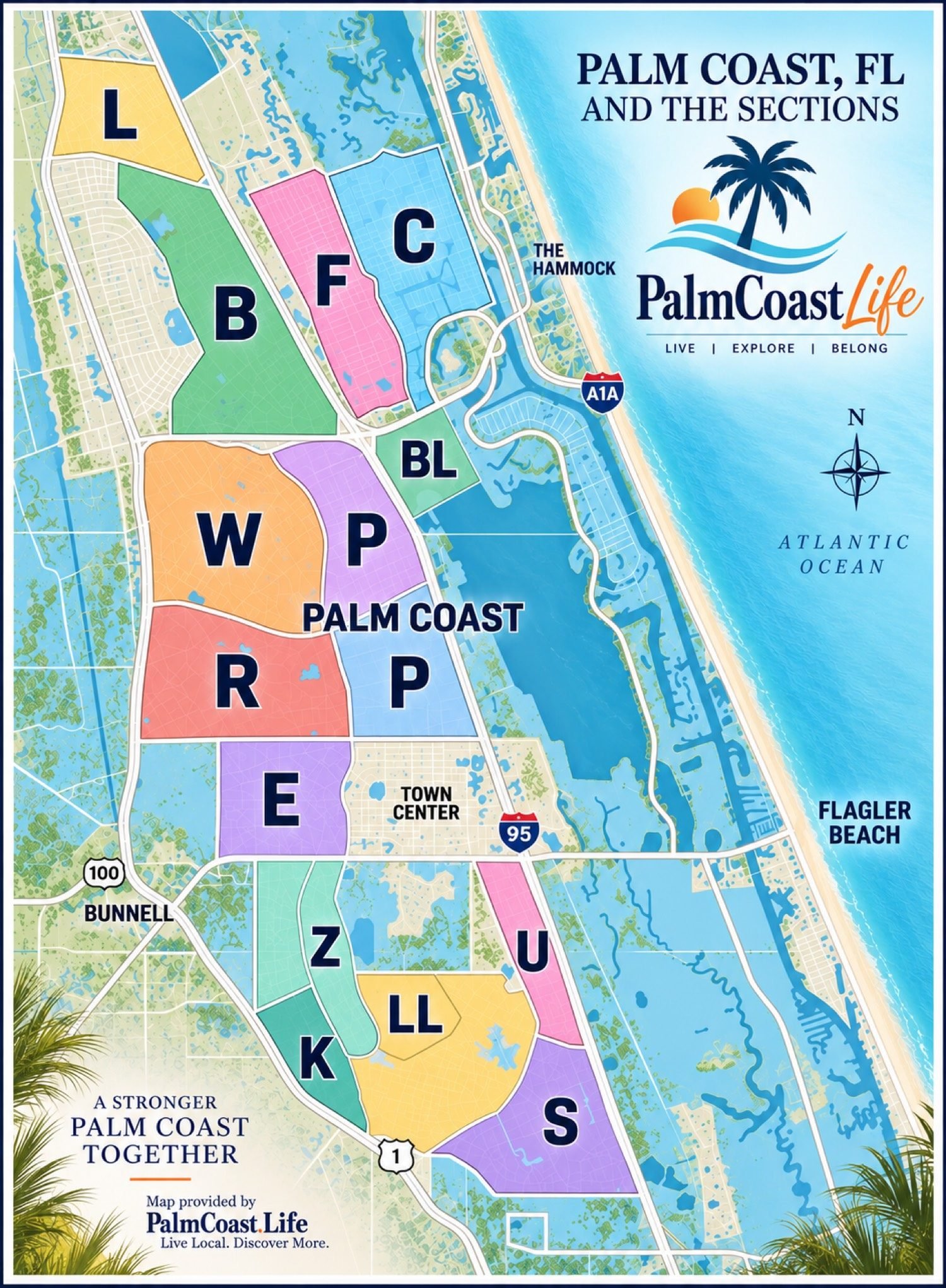 Palm Coast, Florida lettered sections map